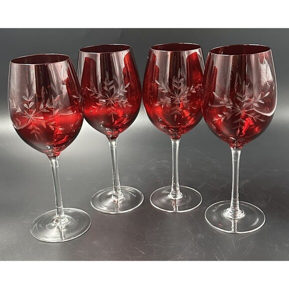Vtg Elegant Crystal Ruby Red Etched Snowflake Clear Stem Wine Glasses Set of 4 - Picture 1 of 9